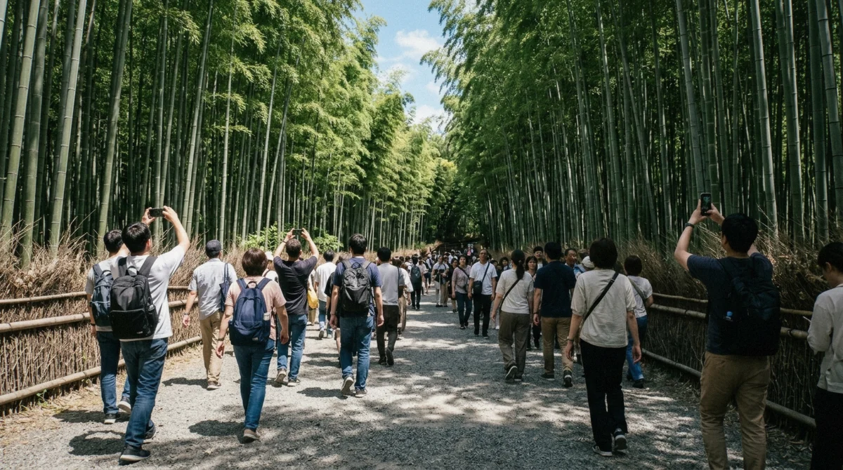 Visitors walking shoulder to shoulder on the gravel path through the Arashiyama Bamboo Forest in Kyoto at midday