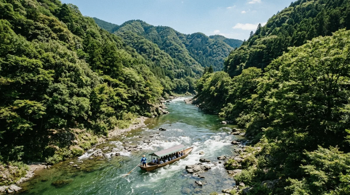 The Katsura river below Togetsukyo Bridge in Arashiyama, Kyoto, with forested hills rising behind