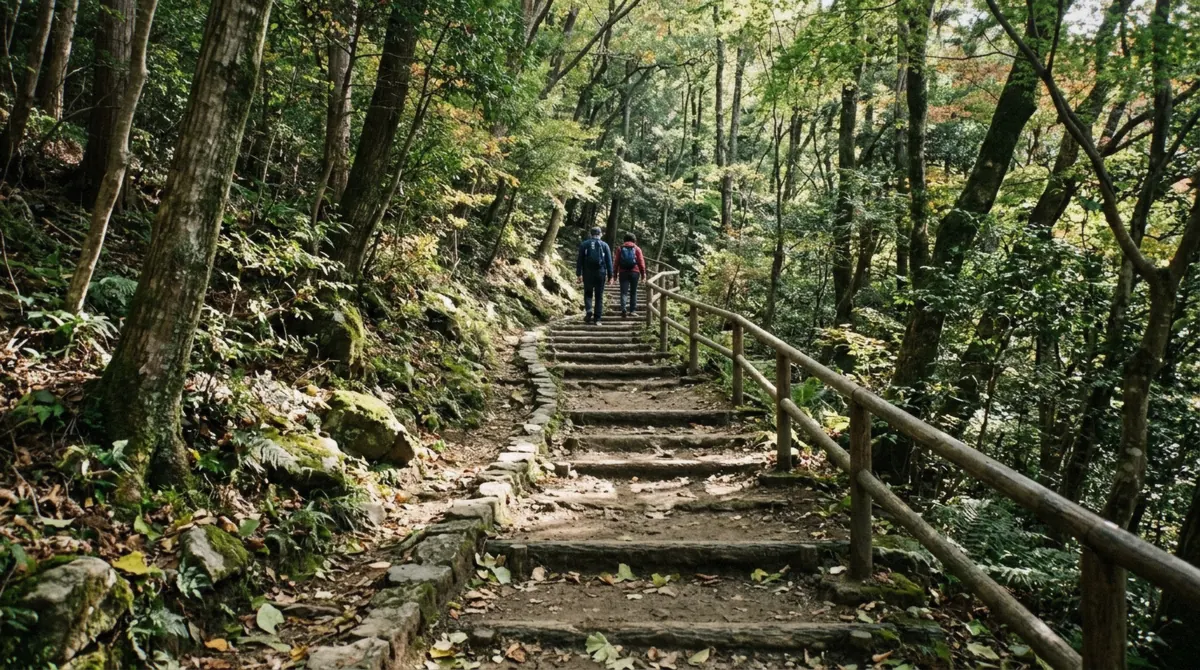 Stepped woodland path up to the monkey park near the Arashiyama Bamboo Forest, the climb families ask about in Kyoto