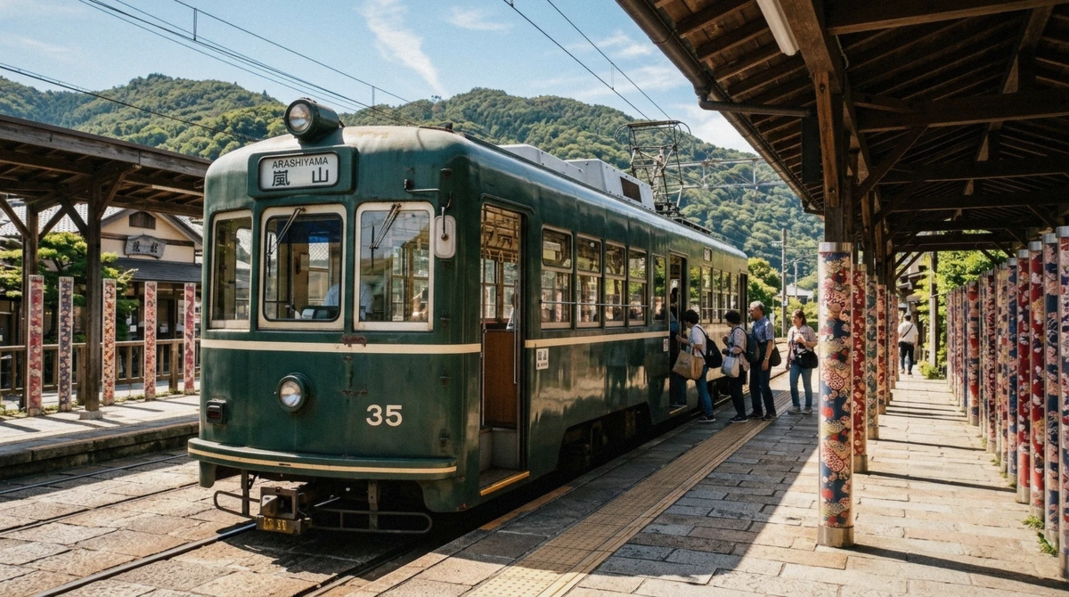 Randen tram at Arashiyama terminus, the flat ¥250 route to the Arashiyama Bamboo Forest in Kyoto