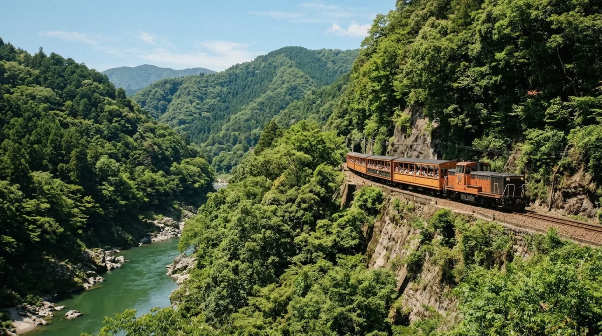 Open-sided Sagano Romantic Train carriage running along the Hozugawa gorge near the Arashiyama Bamboo Forest in Kyoto